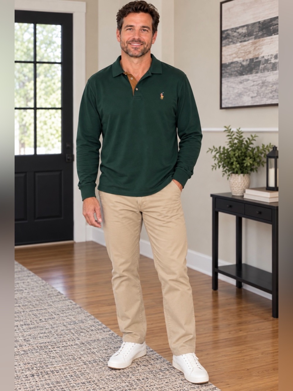 Ralph Lauren Forest Green Long-Sleeve Polo with Brown Placket